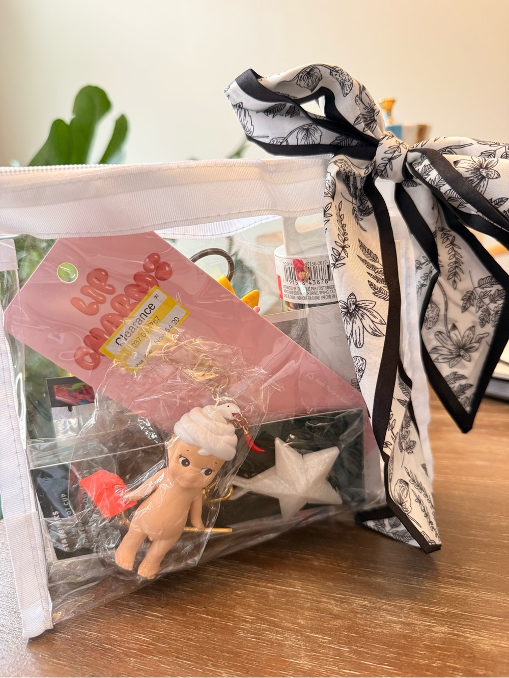 Clear Tote Bag with Black & White Floral Bow and Novelty Charms